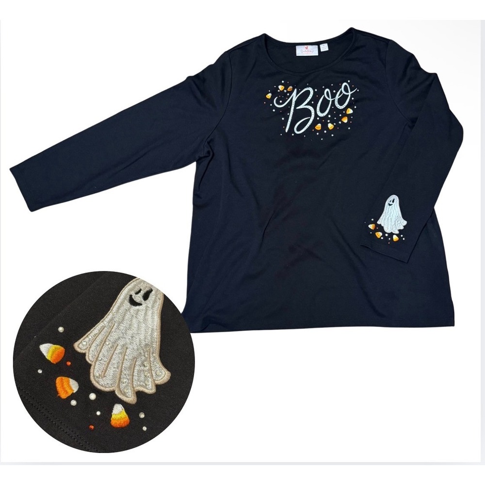 Quacker Factory Boo Ghost Embroidered Embellished Black Shirt XL Halloween NEW - Picture 1 of 10